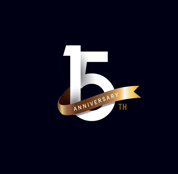 金色丝带15周年纪念图标，适用于网页、游戏、创意海报、小册子、宣传单、杂志、邀请卡的设计模板素材图片