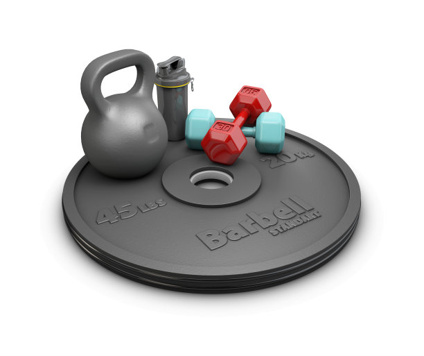 哑铃的3d插图，杠铃与重量和振荡器，孤立的白色图片下载