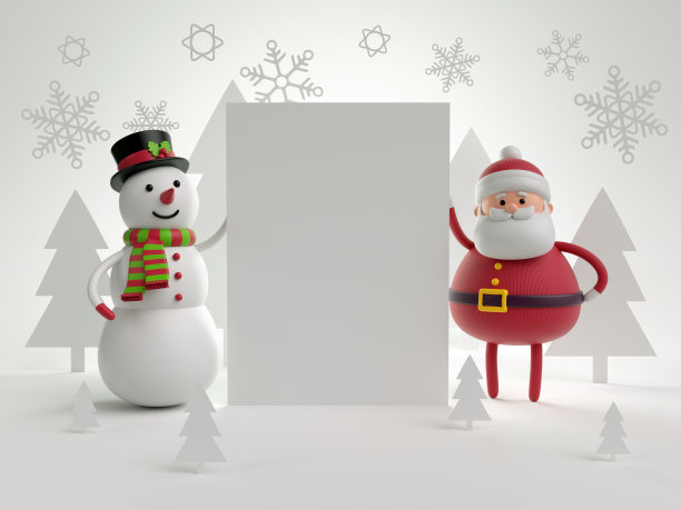 3d渲染，圣诞人物，雪人和圣诞老人手持空白卡，白色冬季景观，复制空间，空横幅素材图片
