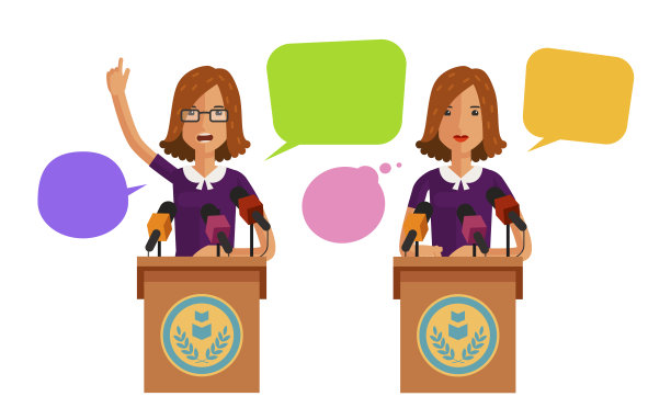 女人在讲台上演讲。经营理念。矢量平面插图图片下载