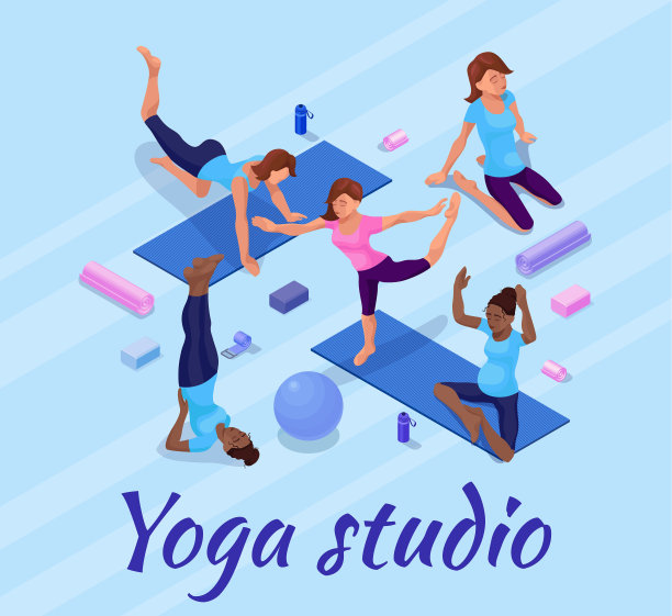 瑜伽姿势横幅与妇女做身体健康锻炼，等角三维矢量插图与运动训练，放松和冥想图片下载