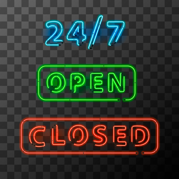 明亮逼真的霓虹灯打开和关闭标志上透明的背景图片下载