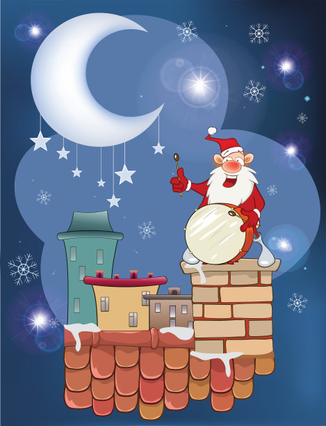 屋顶上可爱的圣诞老人音乐家的插画图片下载