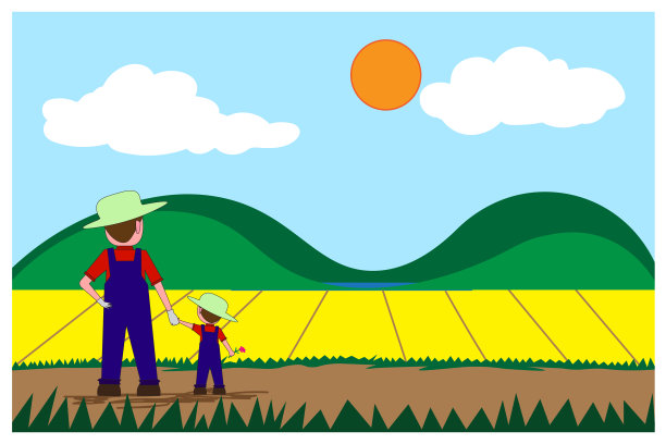 农夫和男孩手牵着手站在一起，看着花园里的植物。背景概念发展为商业培养和平面卡通广角视角，空白文字。图片下载