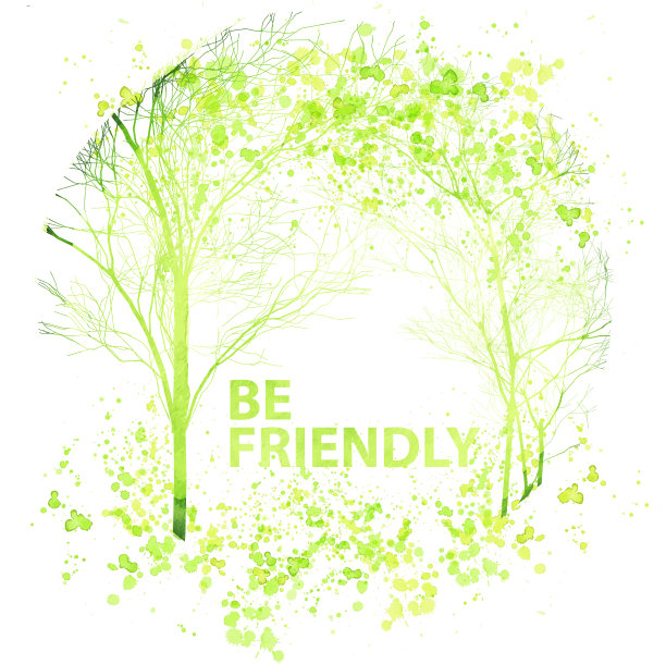 夏季和春季的水彩树插图，泼墨滴和剪影。绿树绿叶的生态理念图片下载