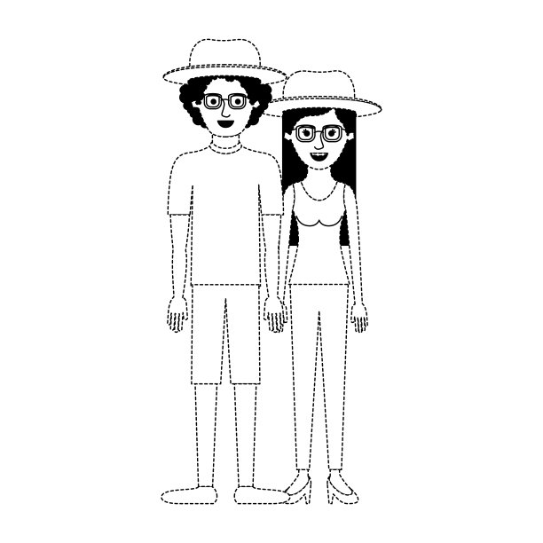 一对穿着黑色圆点的剪影，两人都戴着帽子和眼镜，他穿着衬衫、短裤和鞋子，留着卷发，她穿着衬衫、裤子和高跟鞋，留着长长的直发图片下载