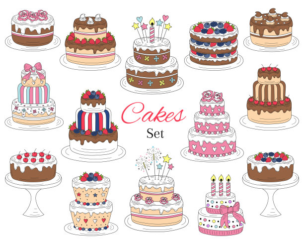 蛋糕套，矢量手绘彩色涂鸦插图图片下载