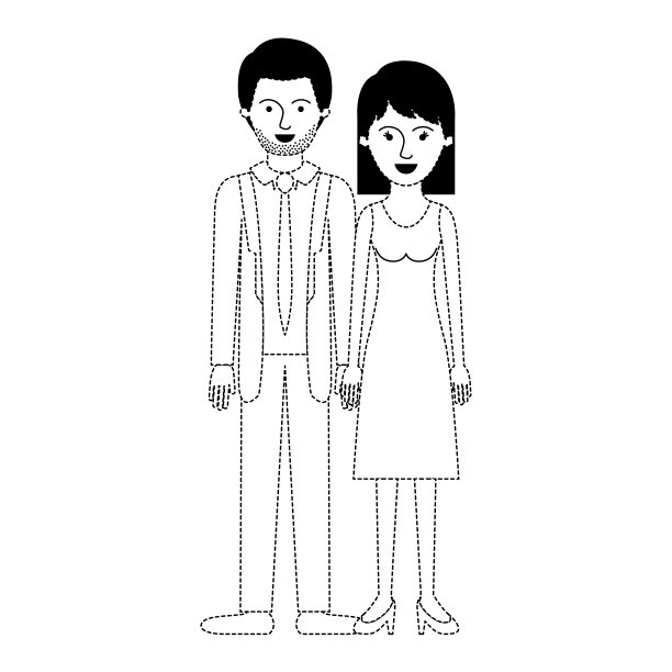 一对穿着黑色圆点图案的情侣，他穿西装、打领带、穿裤子、穿鞋子，留着短发和胡茬;她穿连衣裙、穿高跟鞋，留着中等长度的头发图片下载