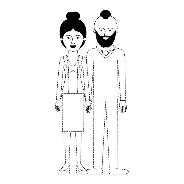 一对穿着黑色圆点图案的情侣，她穿着衬衫、夹克和裙子，穿高跟鞋，头发扎堆;他留着胡子，穿着毛衣、裤子和鞋子，头发剪得越来越细图片下载