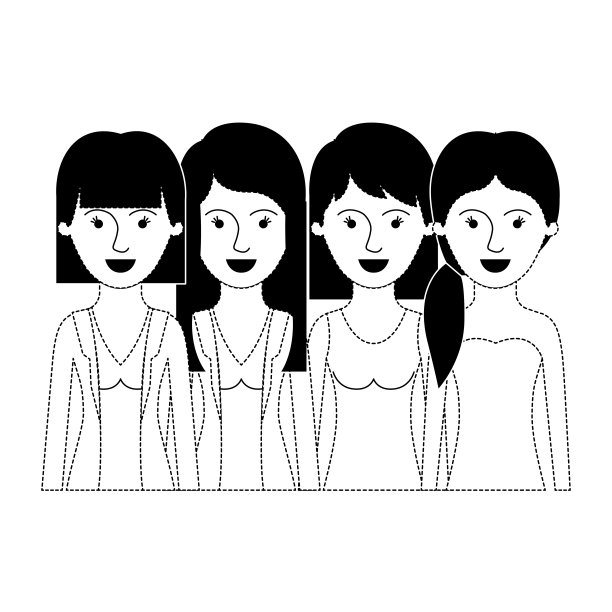 女性在半身体与休闲的衣服和长或短的头发和发型蘑菇分层和辫子在黑色点轮廓图片下载