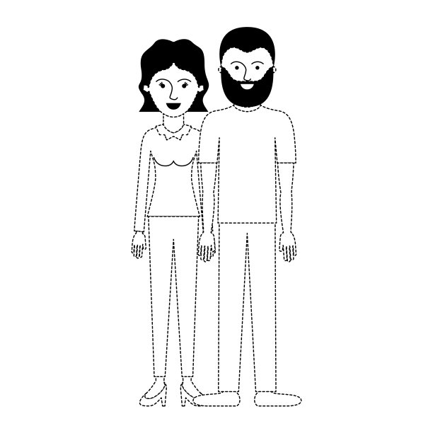 一对情侣穿着黑色的圆点图案的衣服，她穿着长袖衬衫和裤子，脚穿高跟鞋，头发是短波浪发型，而他穿着t恤和裤子，脚穿鞋子，留着短发和胡子图片下载