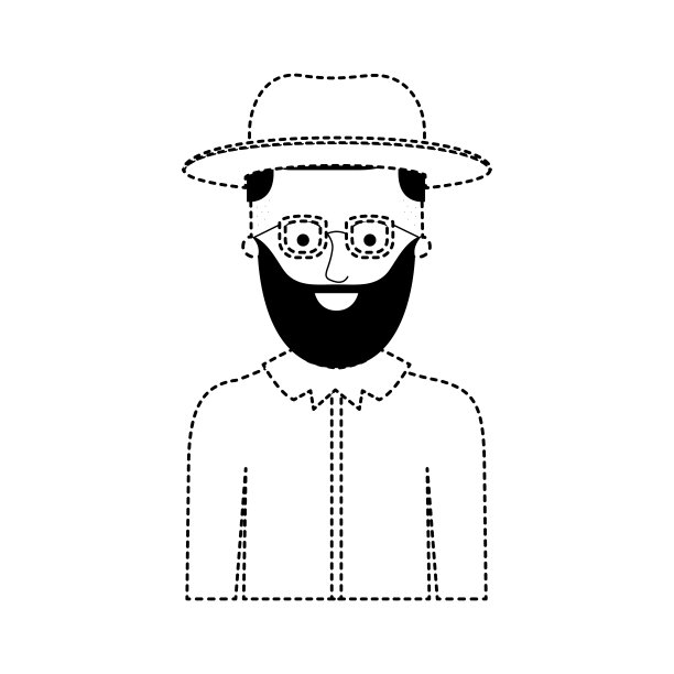 男人半身体，戴着帽子和眼镜，衬衫，短头发和胡子在黑色点轮廓图片下载