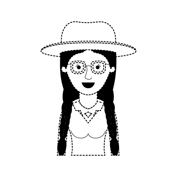 女人的半身像与帽子和眼镜和衬衫与黑色点的剪影编织头发图片下载