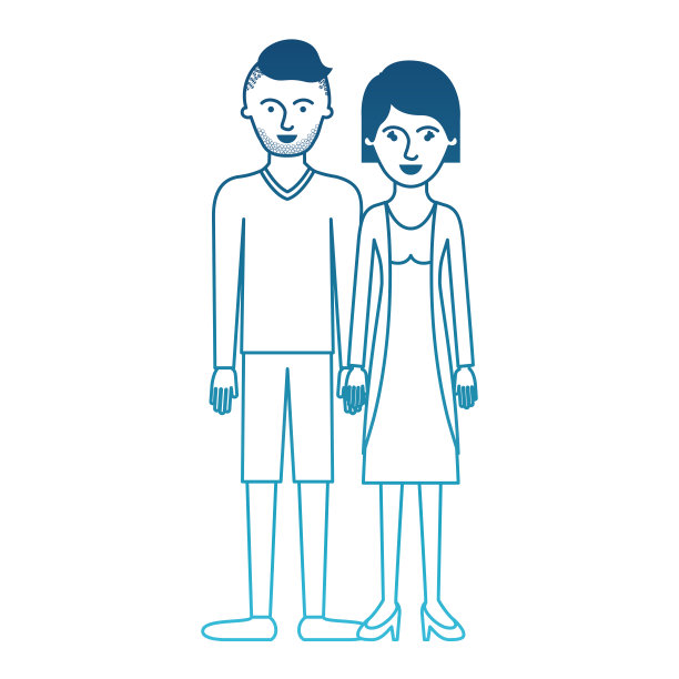 一对夫妇穿着蓝色的衣服，他穿着t恤，长袖和短裤，鞋子和高褪色的发型和胡茬胡子，她穿着衬衫和夹克，裙子和高跟鞋和短发图片下载