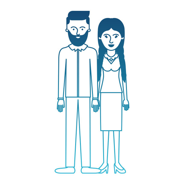 这对夫妇穿着蓝色的衣服，他留着胡子，穿着衬衫和裤子，穿着鞋子，留着侧分的发型，她穿着衬衫和裙子，穿着高跟鞋，梳着辫子图片下载