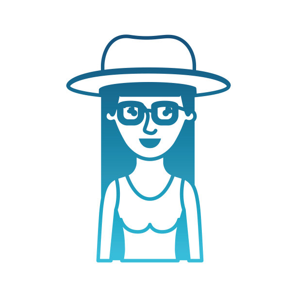 女人半身体与帽子和眼镜和衬衫无袖与长直发在退化的蓝色剪影图片下载