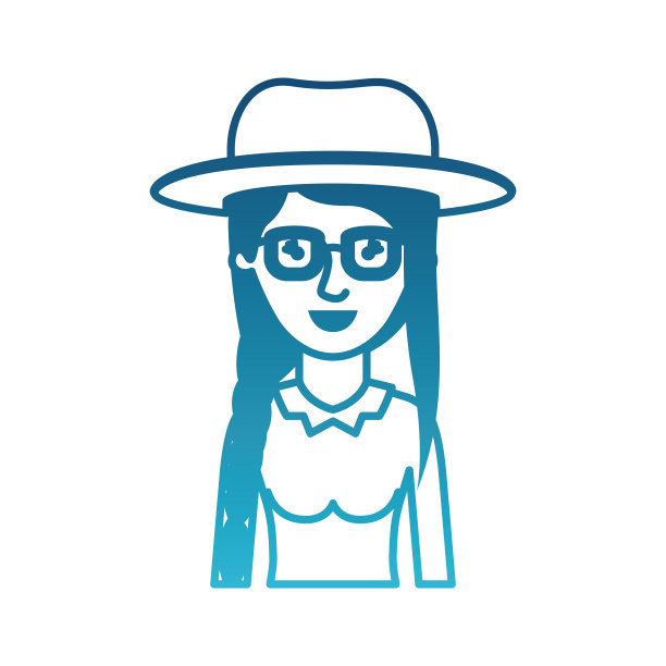 女人半身体与帽子和眼镜和衬衫长袖与发辫和刘海发型在退化的蓝色剪影图片下载
