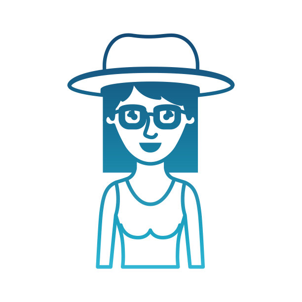 女人的半身像与帽子和眼镜和服装与中等长度的头发在退化的蓝色轮廓图片下载
