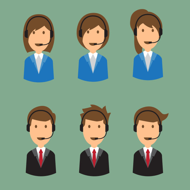 卡通插图的男人和女人的呼叫中心脸与各种发型戴着耳机矢量插图。图片下载