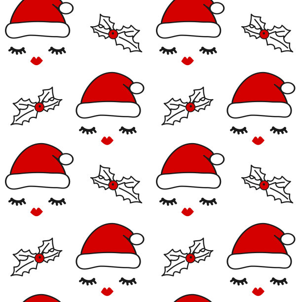 可爱的无缝矢量图案背景插图与睫毛，红唇，圣诞老人的帽子和冬青树图片下载