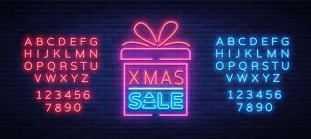 圣诞打折，霓虹风格的明信片。霓虹灯招牌，明亮的海报，夜光圣诞促销广告。矢量插图。编辑文字霓虹标志。霓虹灯字母表图片下载
