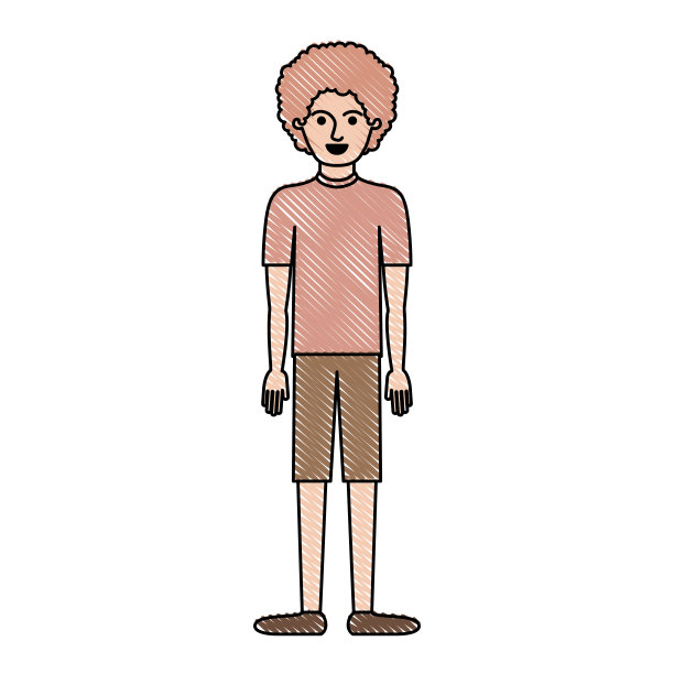 男人全身t恤和短裤和鞋子与彩色蜡笔剪影卷头发图片下载