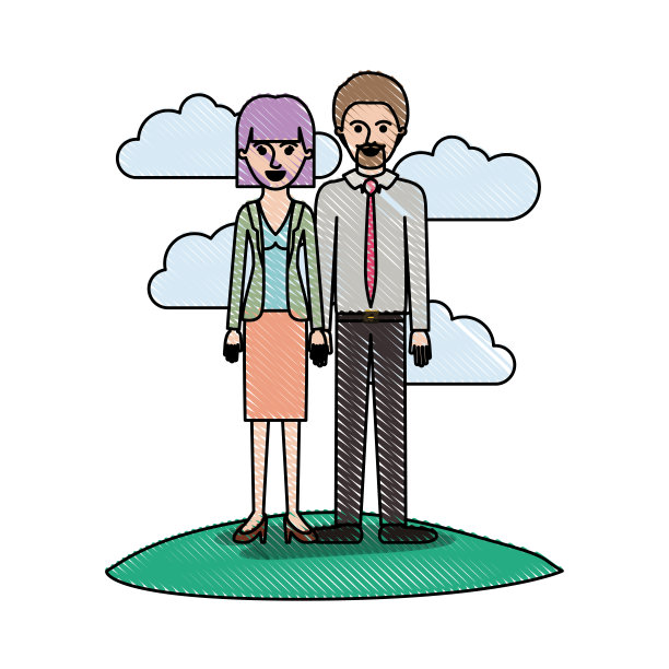 一对穿着彩色蜡笔剪影的夫妇在室外的场景中，她穿着衬衫和夹克，裙子和蘑菇发型的高跟鞋，而他穿着衬衫，领带和裤子，鞋子和短发和山羊胡图片下载