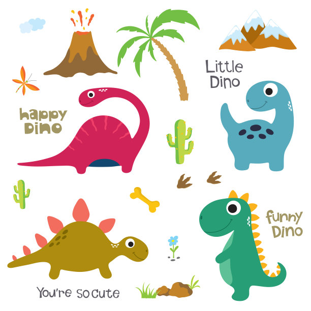 恐龙足迹、火山、棕榈树等设计元素图片下载