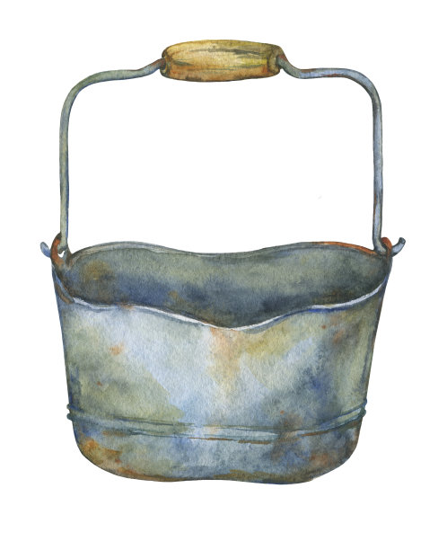 园艺工具生锈镀锌桶。手绘水彩画在白色的背景。图片下载