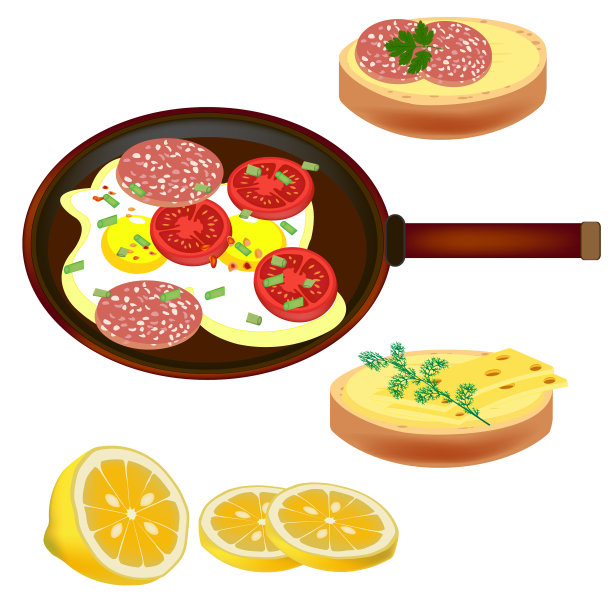 煎蛋和香肠特写。香肠炒蛋。香肠和番茄煎蛋。香肠三明治和奶酪三明治。向量。图片下载