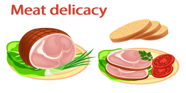 火腿。肉类产品。肉的美味佳肴。熏猪肉面包，西红柿，生菜，洋葱和欧芹。美味的火腿猪肉切片三明治和面包。向量图片下载