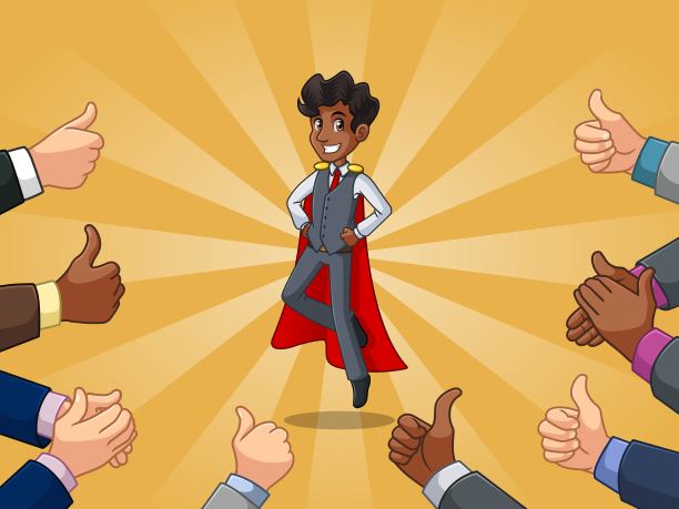 穿着背心的超级英雄商人，有很多人竖起大拇指和鼓掌图片下载