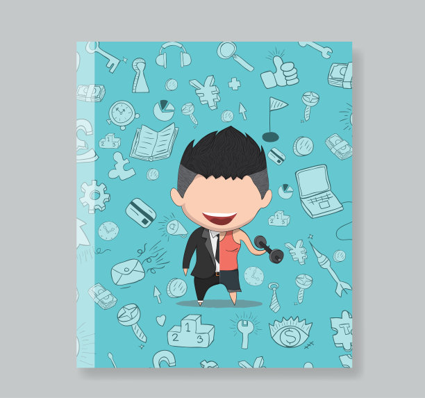 一个笑脸商人的书在图标商业涂鸦。一个在工作和锻炼之间平衡个人生活的概念。矢量图图片下载