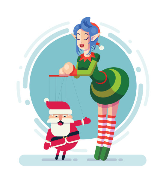 精灵女孩玩圣诞老人娃娃。关于一个漂亮的精灵女孩绕着圣诞老人的绳子跑的圣诞神秘故事。平面风格插图孤立在白色背景上图片下载