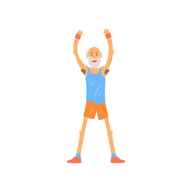 老人举起他的双手。满脸胡须的老人在做早操。运动的生活方式。爷爷穿着t恤和短裤。孤立平面向量图片下载