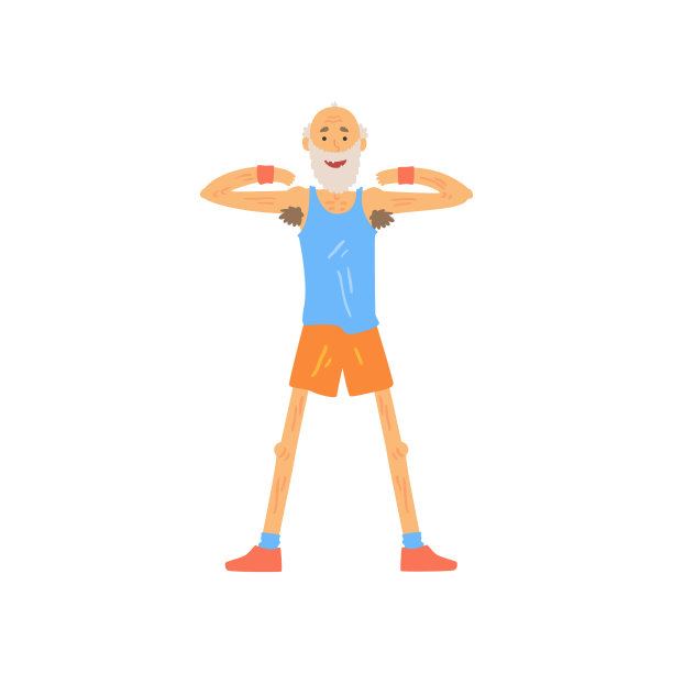 满脸胡须的快乐老人孤立地站在白布上，双手举到肩高。卡通体育男做体操运动。健康的生活方式。平面向量的设计图片下载