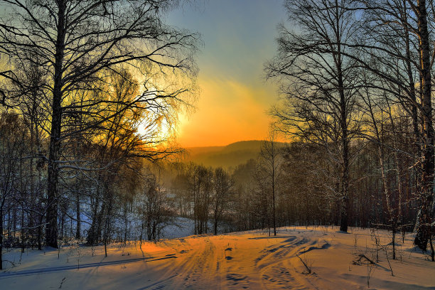 山林里明亮的冬日日落图片下载