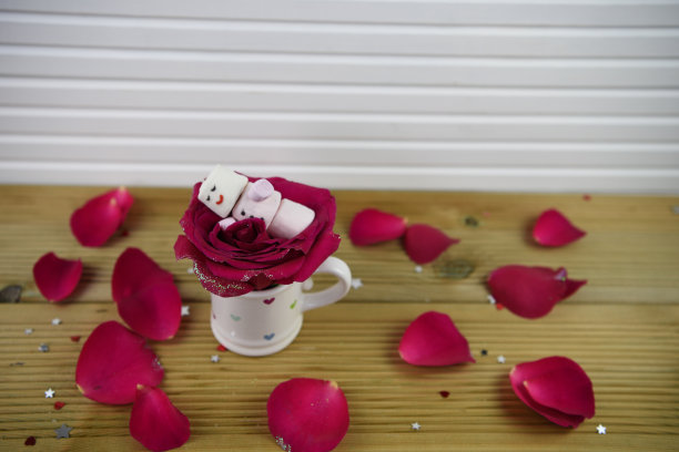 浪漫的冬季照片，棉花糖形状的雪人睡在红色的玫瑰和心形的罐子在桌子上图片下载