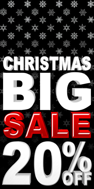 股票插图-银20百分比Off，白色圣诞大，红色销售，粗体文字，孤立的红色梯度背景，白色雪花在黑色背景，3D插图。图片下载