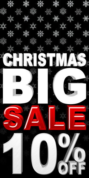 股票插图-银10百分比Off，白色圣诞大，红色销售，粗体文字，孤立的红色梯度背景，白色雪花在黑色背景，3D插图。图片下载