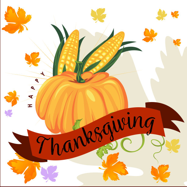 南瓜与两个玉米芯在绿色的叶子，秋天的食物背景矢量插图，蔬菜收获，感恩节产品图片下载