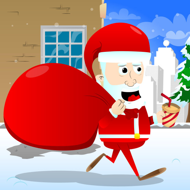 圣诞老人带着一杯咖啡跑去上班。图片下载