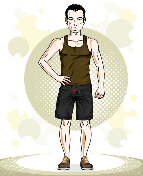 英俊的黑发健壮的年轻人站着。矢量插图的运动员。积极健康的生活方式主题卡通。图片下载