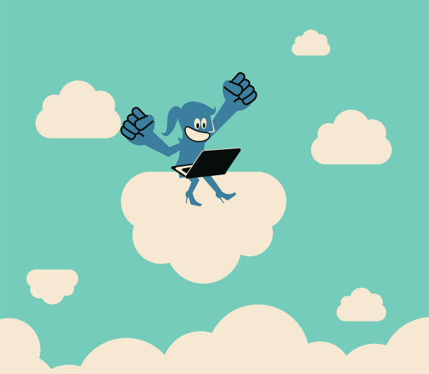 远程办公，按你的方式工作，商务女性坐在云上用笔记本电脑工作，在空中飞行，在空中挥拳图片下载