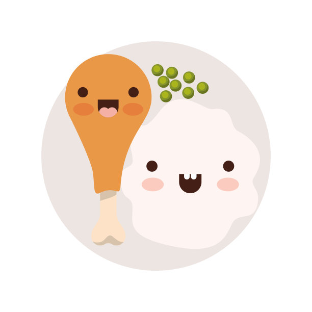 可爱的食物盘子，鸡腿，豌豆和米饭的彩色剪影在白色的背景图片下载