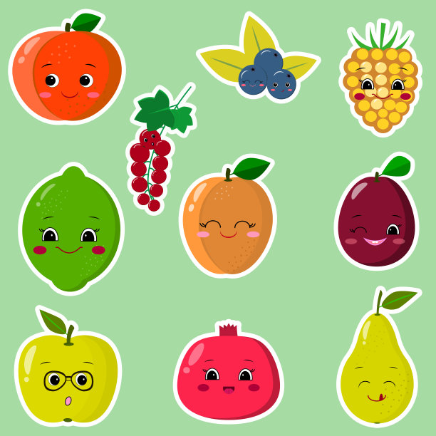 水果笑脸贴纸的图标与白色的轮廓在设置图片下载