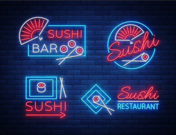在寿司，日本食物，海鲜霓虹灯风格的标志，标志。这是一组明亮的发光标志，为一家日式寿司餐厅做广告。矢量图图片下载