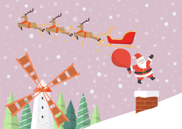 圣诞老人从驯鹿雪橇跳进烟囱图片下载