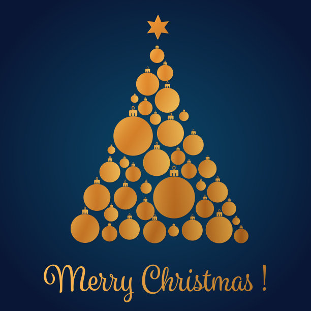 矢量插图的黄色金色圣诞树制成的装饰球。圣诞贺卡。图片下载
