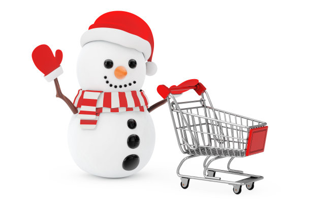 圣诞节销售的概念。圣诞老人帽中的雪人由购物车驱动。3d渲染图片下载
